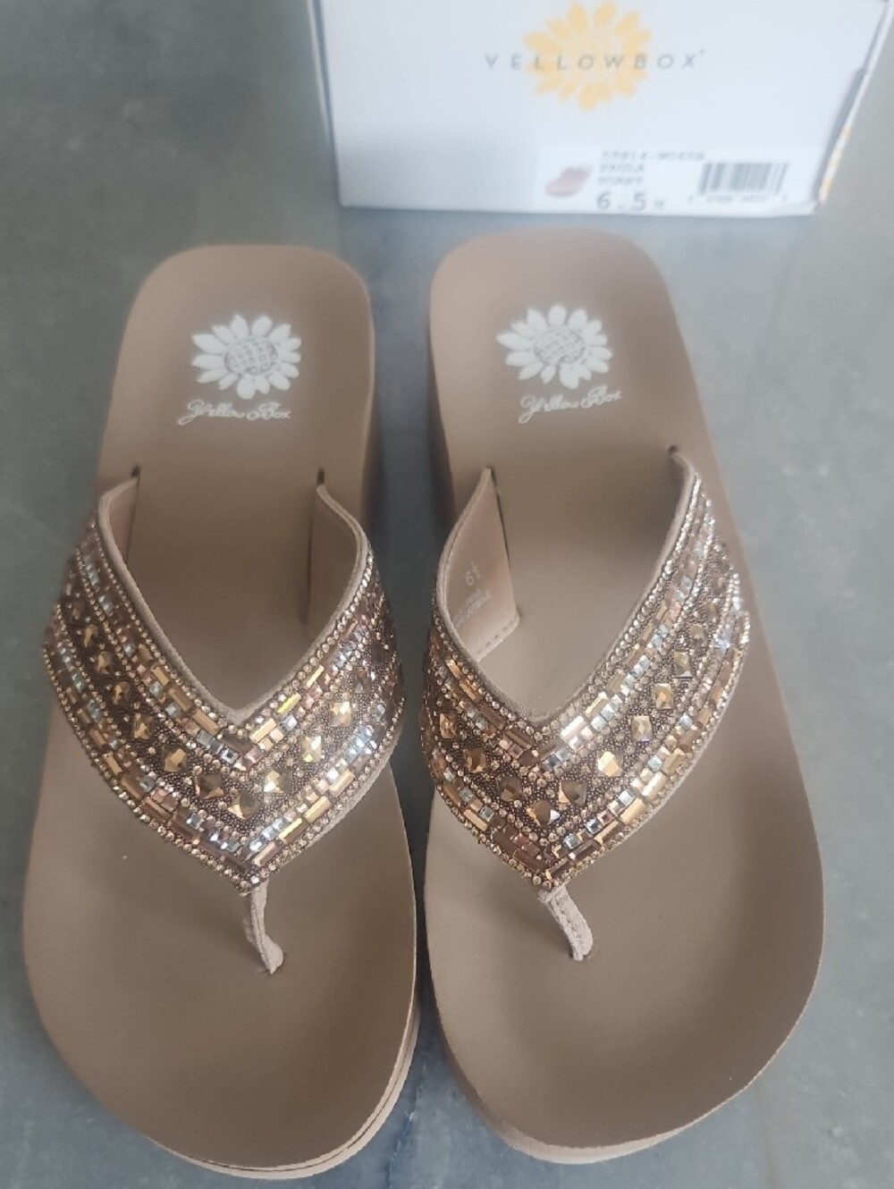 Yellow Box Beaded Taupe Platform Thong Sandals - Picture 2 of 9